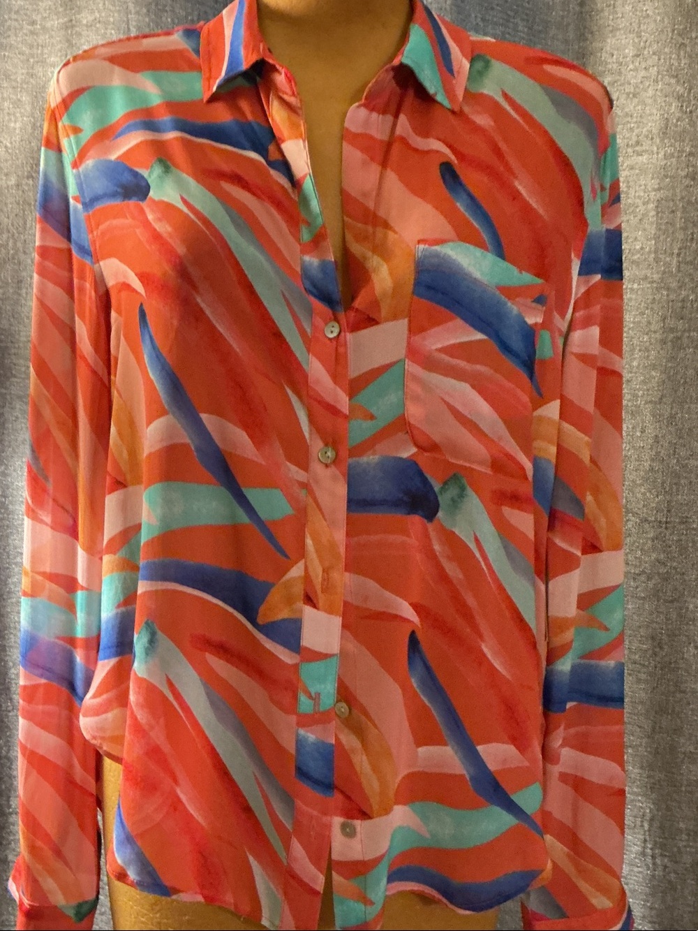 Bella Dahl Coral Teal Blue Abstract Brushstroke Button-Down